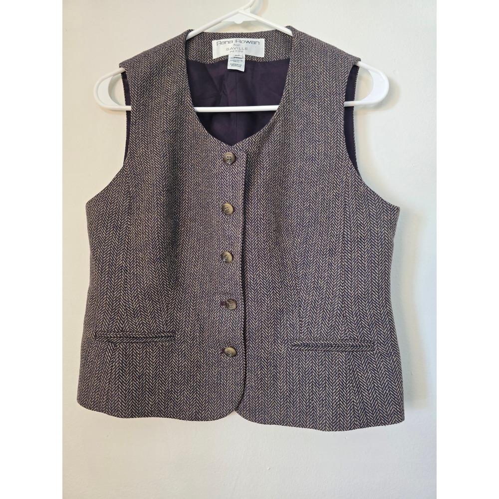 Rena Rowan Saville Vest Womens 6 Petite Wool Chevron Tan Blue